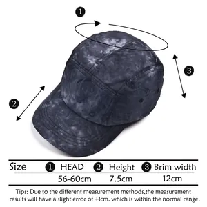 Guide des tailles pour casquette tie-dye montrant circonférence, hauteur et visière