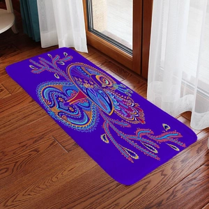 Detail showing bohemian pattern on purple rectangular absorbent flannel floor mat