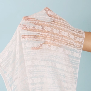 Detailaufnahme des zarten weißen Spitzenmusters und der transparenten Textur des Bikini-Sets
