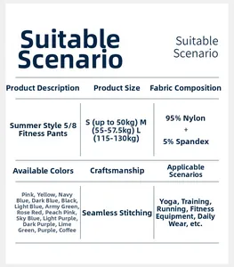 Size chart for high-waist fitness shorts showing nylon spandex blend and seamless details