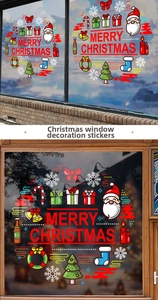 Detail of Christmas window stickers featuring Santa, gift boxes and festive icons
