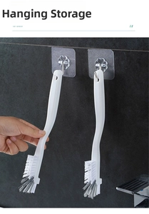 Long handle cleaning brush with dual-tone bristles and wall mount storage hook