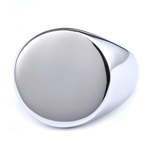 Minimalist silver polished stainless steel signet ring with a round flat surface