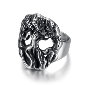 Gothic tree of life ring with skull design in vintage stainless steel finish