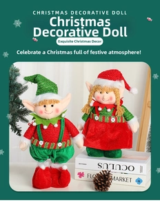 Detail of red and green plush Christmas elf dolls with knitted hats for holiday decor