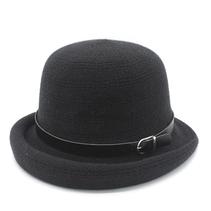 Classic black wool felt bowler hat featuring a minimalist leather strap and silver buckle
