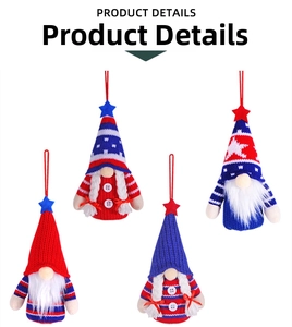 Detail of four knit patriotic gnomes with American flag colors and glowing star accents
