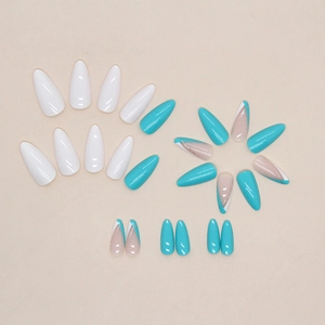 French almond fake nails in blue and white glossy finish with minimalist elegant design
