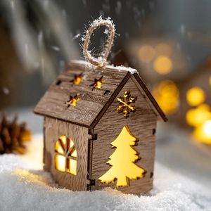 Maison de Noël lumineuse en bois avec LED chaude sur un fond de paysage hivernal enneigé