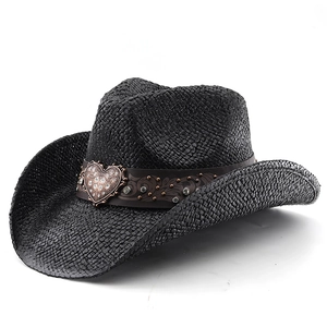 Black woven straw cowboy hat featuring a rhinestone heart buckle and vintage studded band