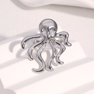 Unique stainless steel octopus open ring with detailed marine tentacles design in silver finish