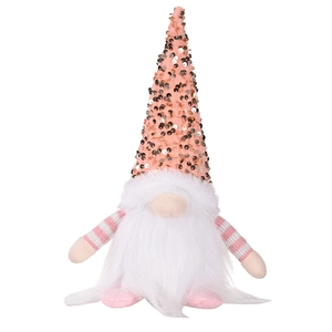 Close-up of pink sequined Christmas gnome with LED lights and soft plush texture