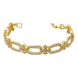 Detailed view of gold-plated bracelet featuring hexagonal star links and pavé zircons
