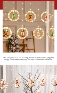 Detail of warm LED Christmas hanging ring lights with miniature Santa and reindeer figures