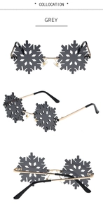 Three-view layout of frameless snowflake shaped sunglasses in grey with gold metal temples