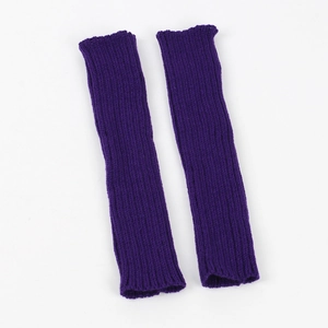 Detailed knit texture of dark purple winter arm warmers with elastic ribbed cuff