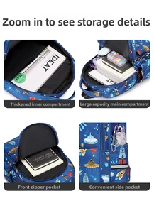 Detailed views of rocket print backpack compartments with thick laptop sleeve and side pockets