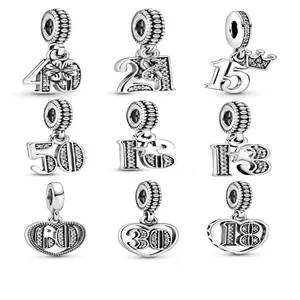 Number Charm Pendant Cupronickel Silver Plated With Cubic Zirconia For DIY Bracelet Jewelry Anniversary Birthday