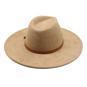 Chapeau fedora en daim beige de style français avec ruban de cuir marron élégant