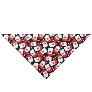Close-up of black Christmas pet bandana featuring repeat cartoon Santa Claus prints