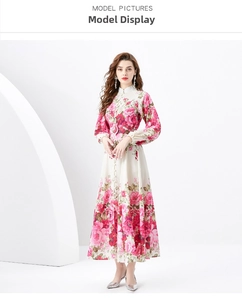 Detail of floral print maxi dress with stand collar and elegant button-down waist belt