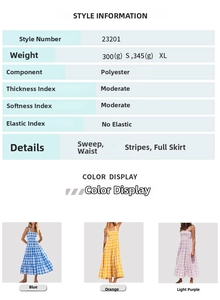 Detailed size chart and color options for the striped backless maxi dress in three colors