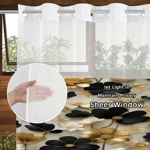 Waterproof floral shower curtain with silver grommets and translucent privacy panel