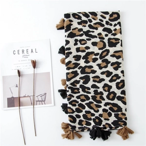 Long leopard print scarf for women with classic fringe tassels and cotton linen texture
