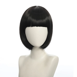 Detail view of smooth black bob synthetic wig with neat bangs on white mannequin bust