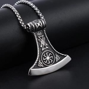 Vintage Viking axe pendant necklace in stainless steel with Nordic runes and Kolovrat symbol