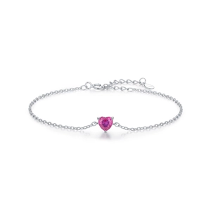 Elegant S925 sterling silver chain bracelet with a sparkling pink heart-shaped gemstone
