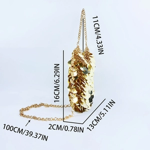 Detail view of mini gold sequin handbag with precise measurements in centimeters and inches