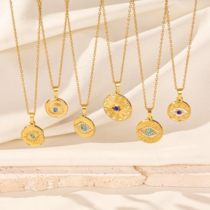 Set of six gold stainless steel bohemian evil eye necklaces with blue rhinestones