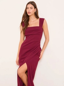 Satin Maxi Kleid Damen Sexy Slim Fit Eckiger Ausschnitt Rückenfrei Hoher Schlitz Ärmellos Abendparty Gown Burgund Rot Sommer