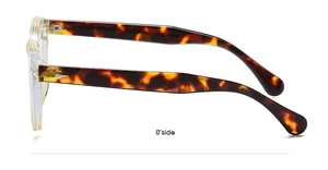 Vue détaillée des branches de lunettes rétro écaillées avec dimensions et charnières