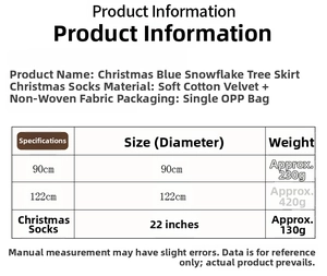 Size specifications for the blue snowflake Christmas tree skirt and velvet stockings