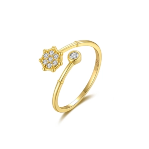 Creative S925 sterling silver gold open ring with floral hexagon and round gemstone