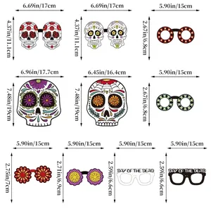 Size guide for Day of the Dead skeleton party glasses and masks with detailed dimensions