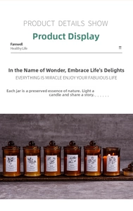 Set of six scented soy candles in amber glass jars with minimalist botanical labels