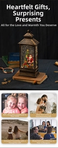 Detail of vintage Christmas lantern music box with Santa Claus and glitter snow scene