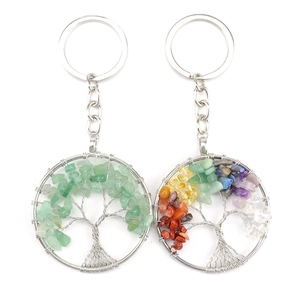 Macro detail of Tree of Life keychains with natural green and chakra stone beads