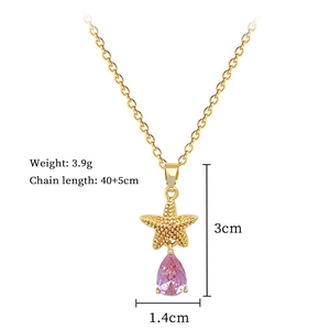 Detailed view of starfish pendant with pink teardrop crystal and chain dimensions