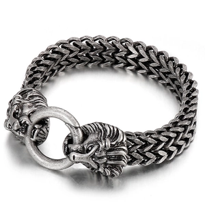 Vintage oxidized stainless steel lion head woven chain bracelet with antique silver finish