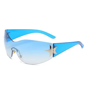 Y2K rimless wrap sunglasses with gradient blue lenses and silver star accents