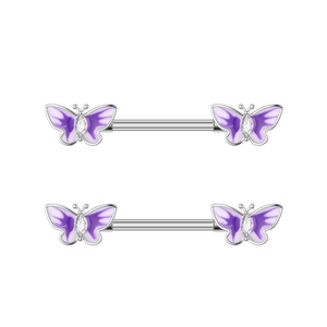 Coppia di piercing capezzolo in argento con farfalle in smalto viola e pietre di zircone