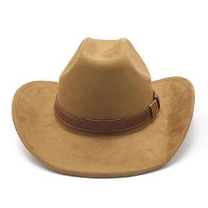 Detailed view of camel faux suede cowboy hat with brown leather belt and gold metal buckle