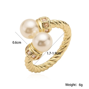 Luxury 18K gold-plated copper open ring featuring pearls and champagne zircons on white base