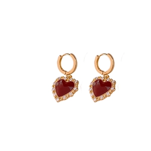 Golden hoop earrings with red enamel hearts and white crystal pavé for women