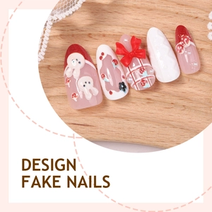 Handmade 3D bunny press-on nails with red bows and cable knit texture set on a wooden tray