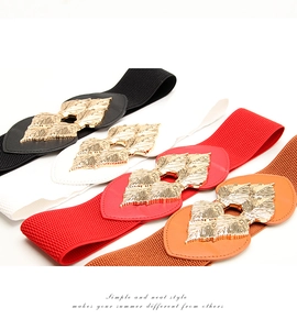 Elastic waist belts for dresses with golden leaf buckle in black white red and brown